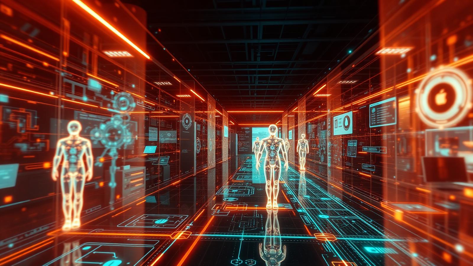 Holographic AI agents moving through a corporate office with workflow data streams.